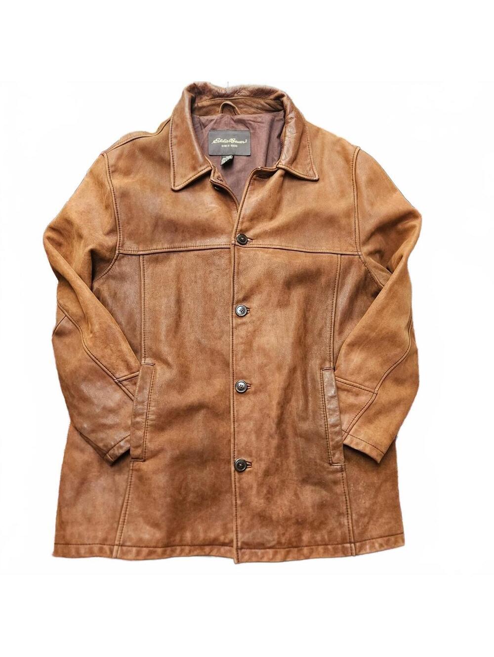 heavy vintage Eddie Bauer patina light brown leather jacket Size L